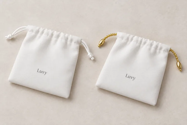 White Drawstring Jewelry Pouches detail view
