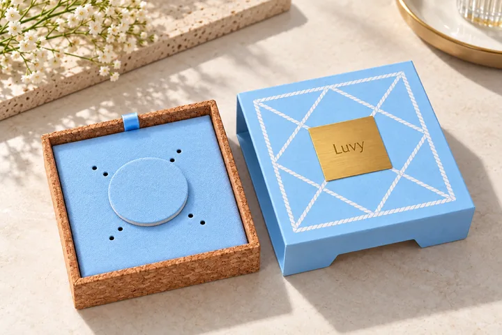 Cork-trim tray, blue fabric support and patterned sleeve shown separately