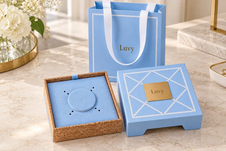 Cork-trim blue packaging beside a matching bag as a presentation direction