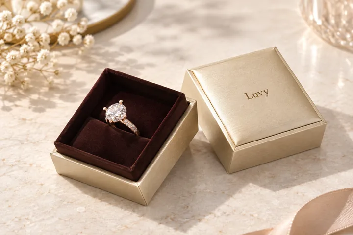 Champagne-covered ring box with a framed separate lid in a warm gift setting