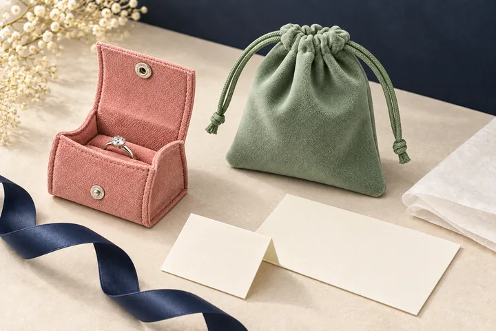 Dusty-rose and sage pouches styled with plain cards, tissue and a ribbon.
