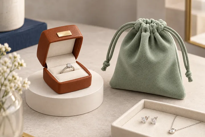 A jewelry box and sage pouch styled beside a plain display riser and shallow tray.