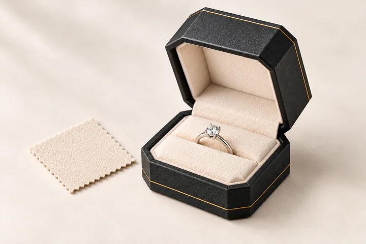 An open graphite ring box with its matching cream ring insert and an unbranded ring.