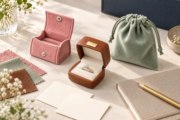 Jewelry-packaging samples, color swatches and blank planning cards on a design desk.