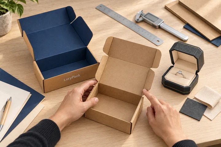 A folded mailer prototype and a graphite jewelry-box sample on a sample-review desk.