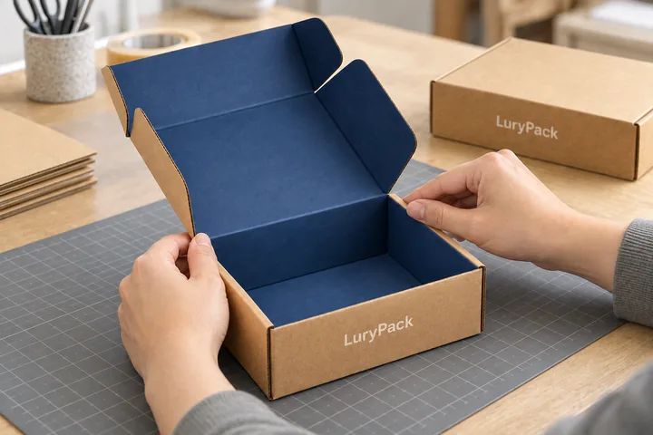 Hands checking the folds of a kraft corrugated mailer with a connected lid.