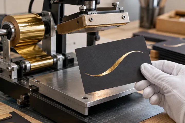 A foil-finish test swatch being checked beside a stationary stamping press.