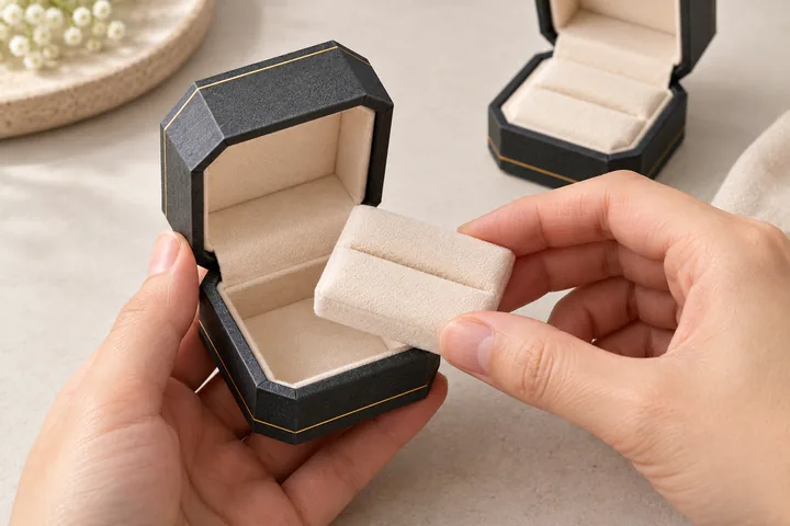 A cream ring insert aligned with an angular graphite jewelry-box shell.