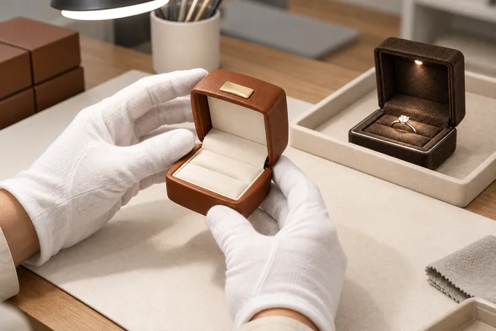 A chestnut jewelry box being checked for edge alignment beside an LED-box sample.