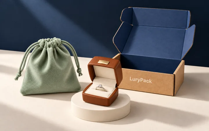 Kraft mailer, chestnut jewelry box and sage drawstring pouch on a softly lit tabletop.