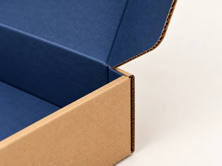 Close detail of a kraft mailer edge, printed interior and folded corner.