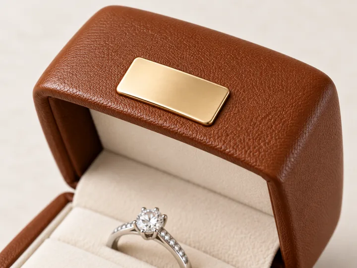 Chestnut leatherette texture, rounded corner and blank brass plaque on a jewelry box.