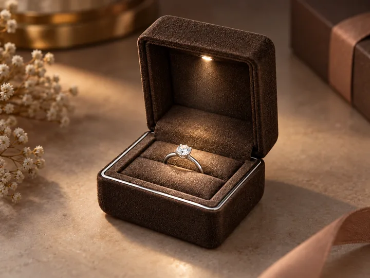 A restrained lid-mounted light illuminating the ring insert in an espresso presentation box.