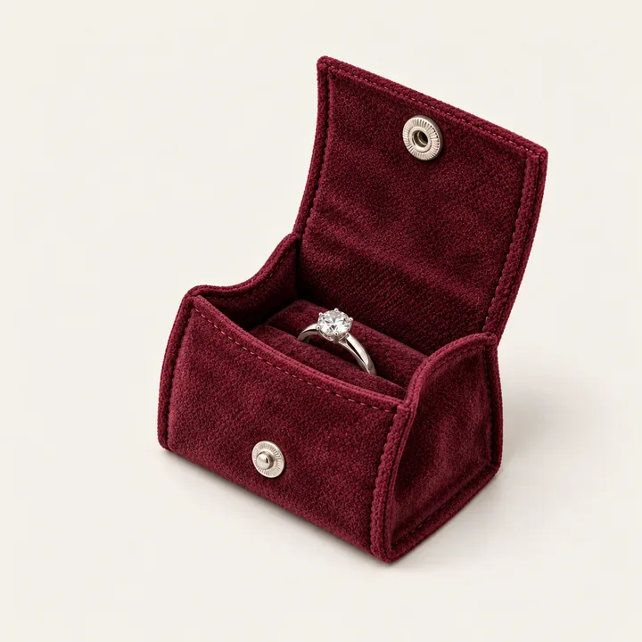 Burgundy Snap-Flap Ring Pouch showing its opening and construction