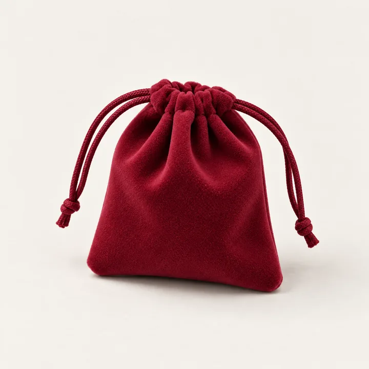 Burgundy Drawstring Pouch — 70 × 90 mm showing its opening and construction