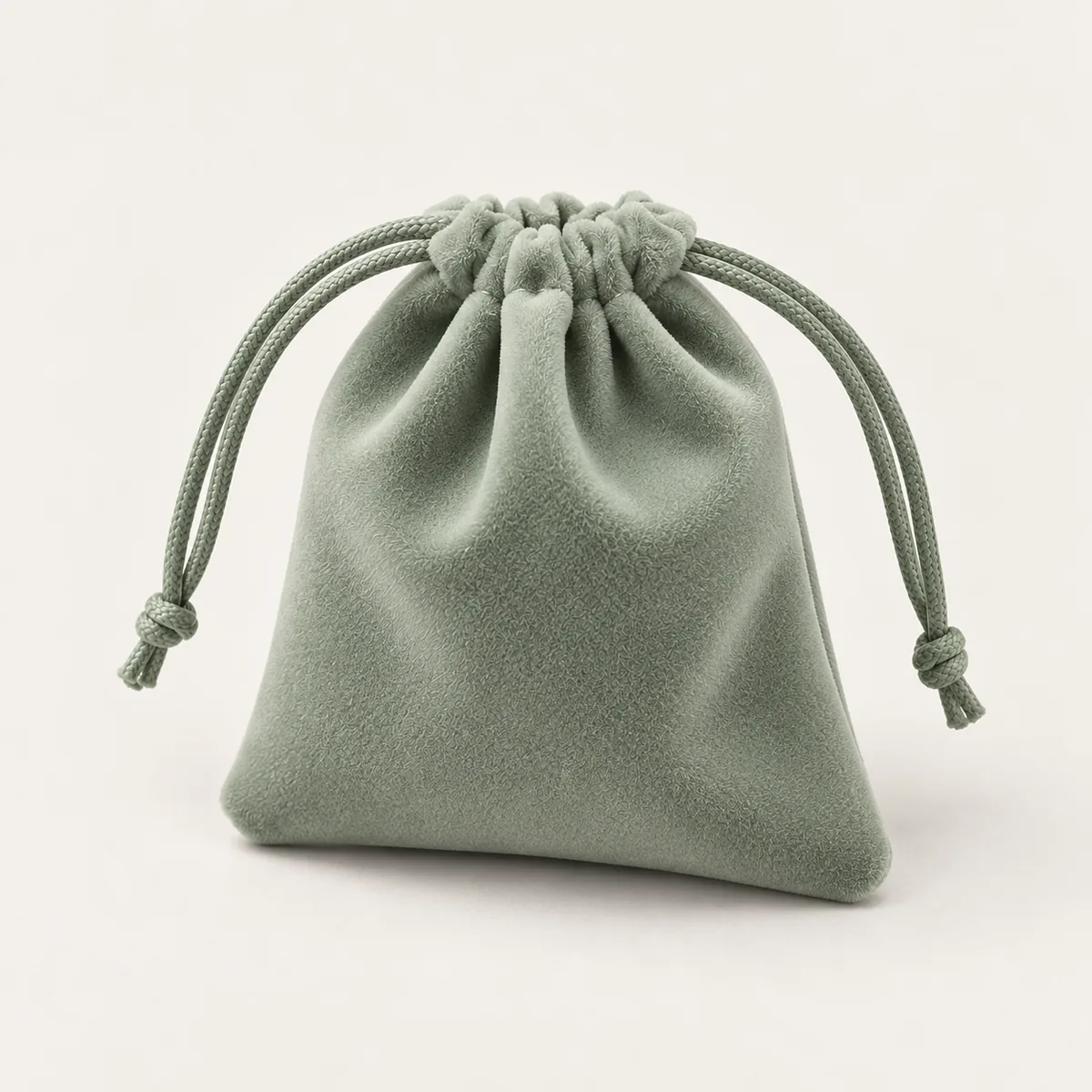 Sage Drawstring Pouch — 100 × 120 mm with visible construction and opening