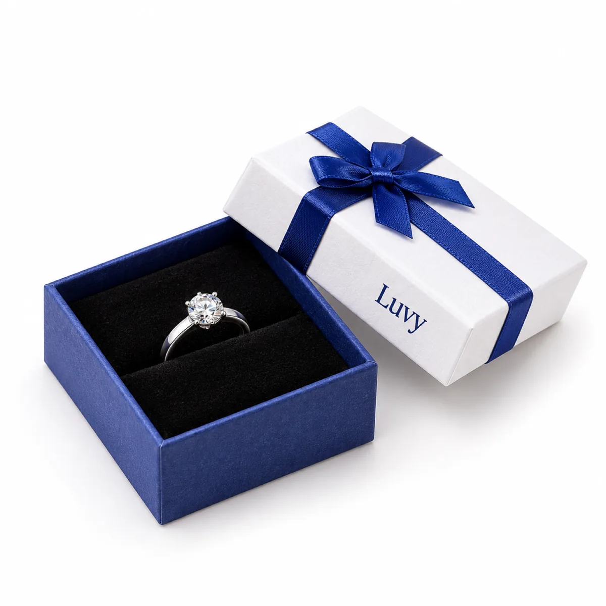 White & Blue Ribbon Ring Box with visible construction and opening
