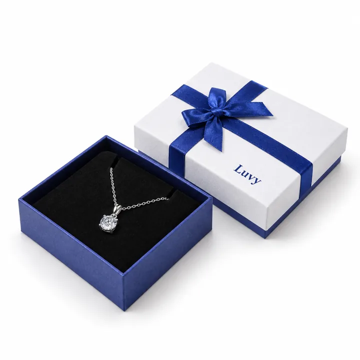 White & Blue Ribbon Pendant Box showing its opening and construction