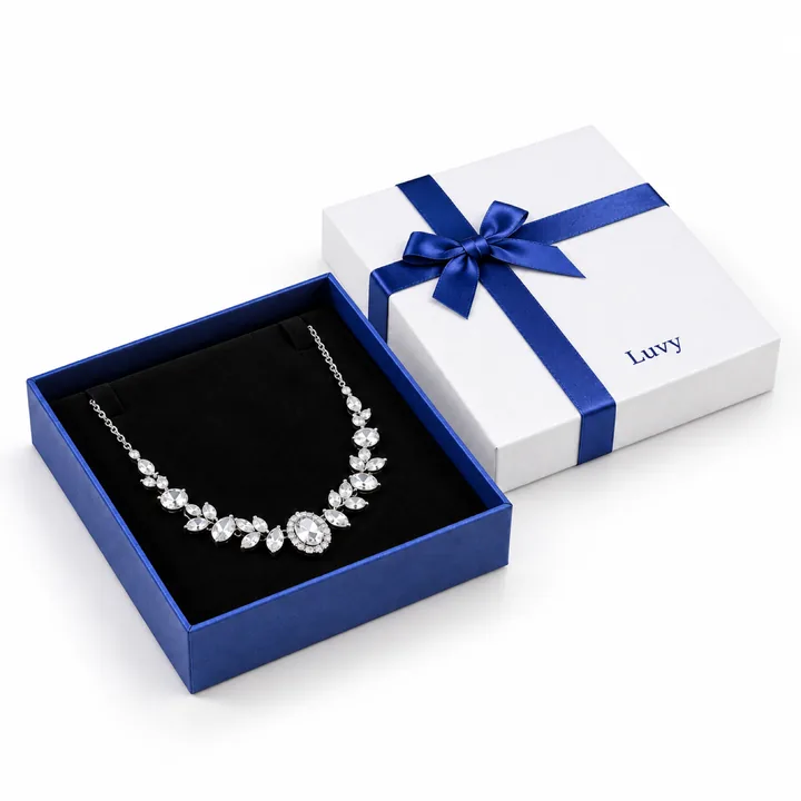White & Blue Ribbon Necklace Box showing its opening and construction