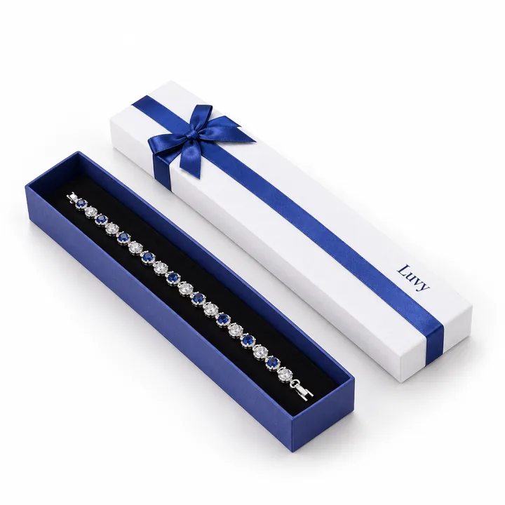 White & Blue Ribbon Bracelet Box showing its opening and construction