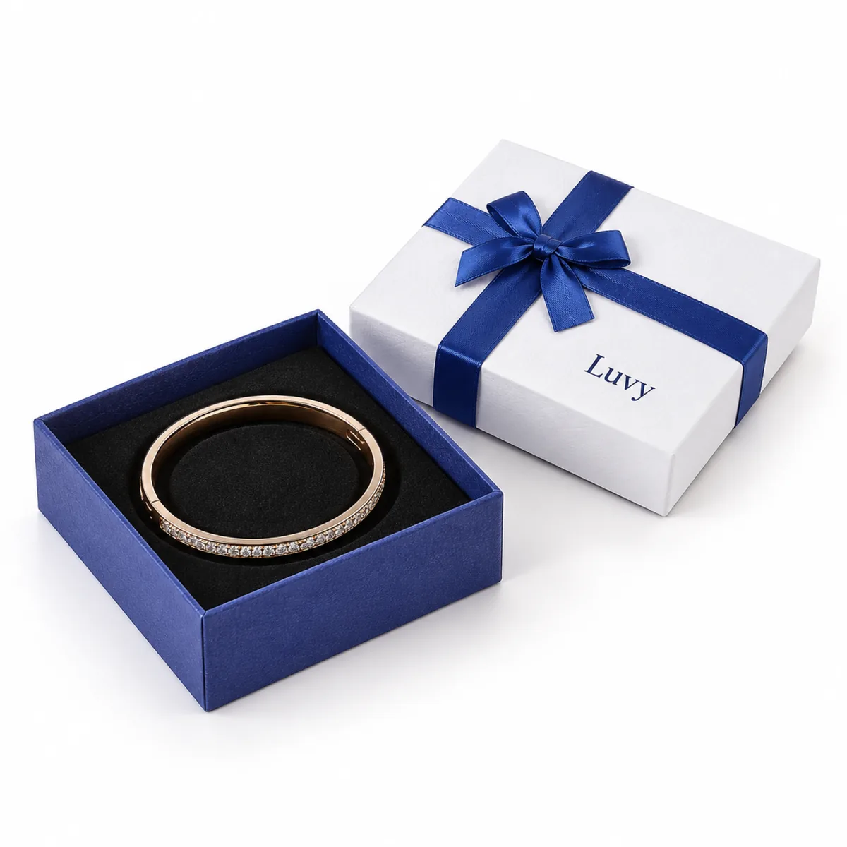 White & Blue Ribbon Bangle Box with visible construction and opening