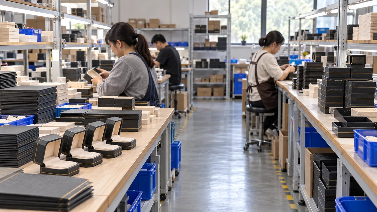 An unbranded packaging workshop with small-box assembly benches and organized material trays.