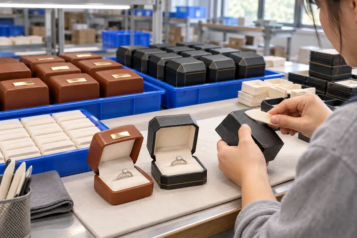 Jewelry-box components and finished samples arranged at a manual finishing bench.