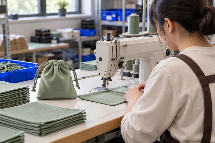 Sage pouch fabric and a finished drawstring pouch beside a sewing workstation.