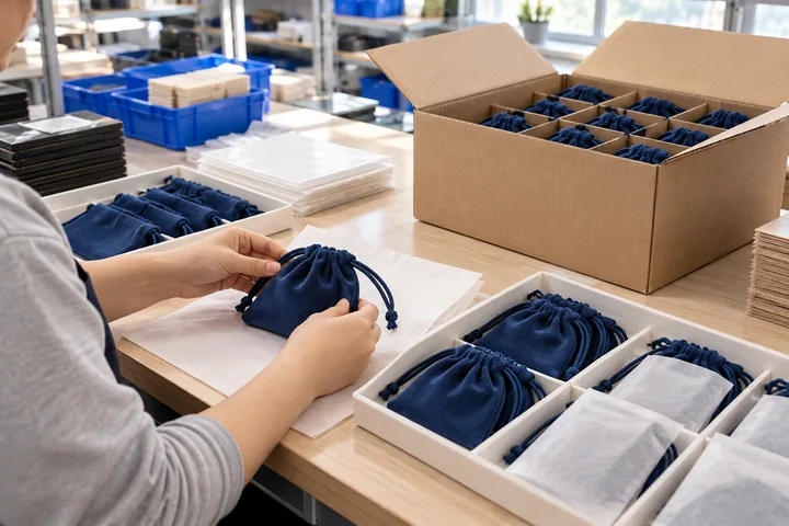Finished ink-blue pouches arranged in protective sleeves at a packing bench.